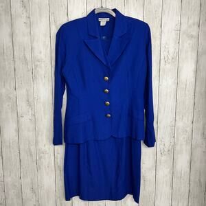 Decade Designs Blue Gold 2 Piece Pencil Dress Blazer Set Vintage 90s 6P